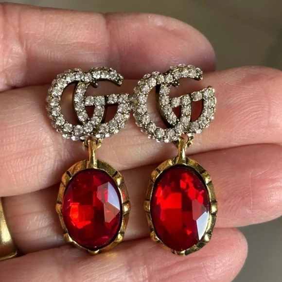 'ANTIQUE' STYLE RED OR BLUE DROP EARRINGS W RHINESTONE GG IN DESIGNER POUCH. - Picture 3 of 8